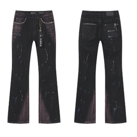 Black Washed Flared Denim Jeans with Purple and Blue Paint Splatter and Rhinestone Trim